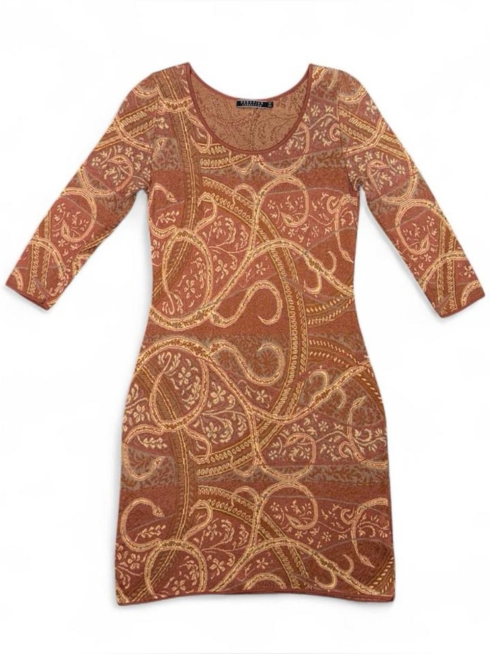 Peruvian Connection Brown Paisley Print Boho Knit 3/4 Sleeve Sweater Dress Sz Sm